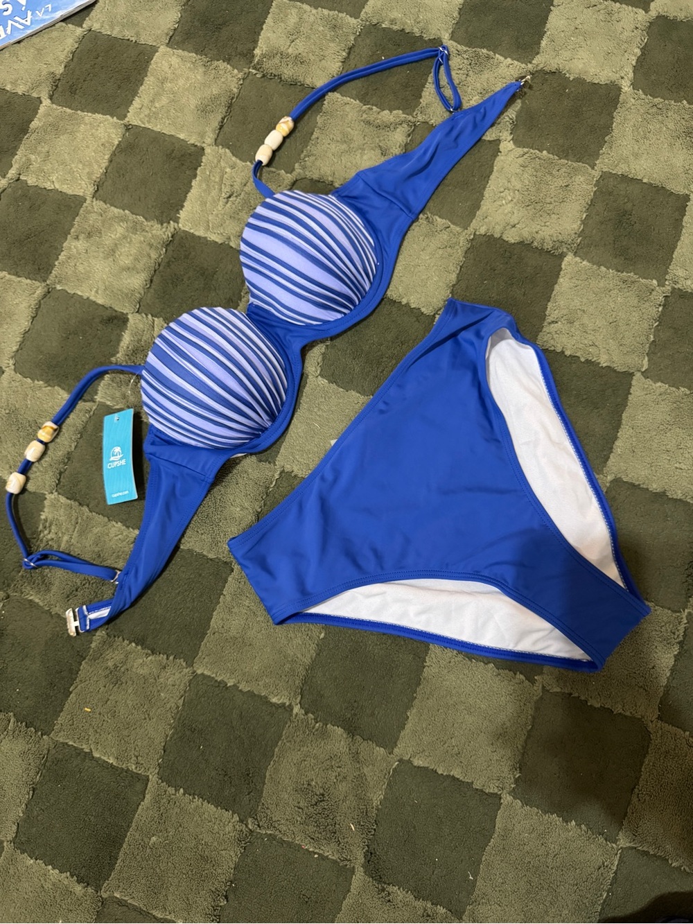 #70 Cupshe Royal Blue Striped Non- Push-Up Bikini with Beaded Halter Bikini Set